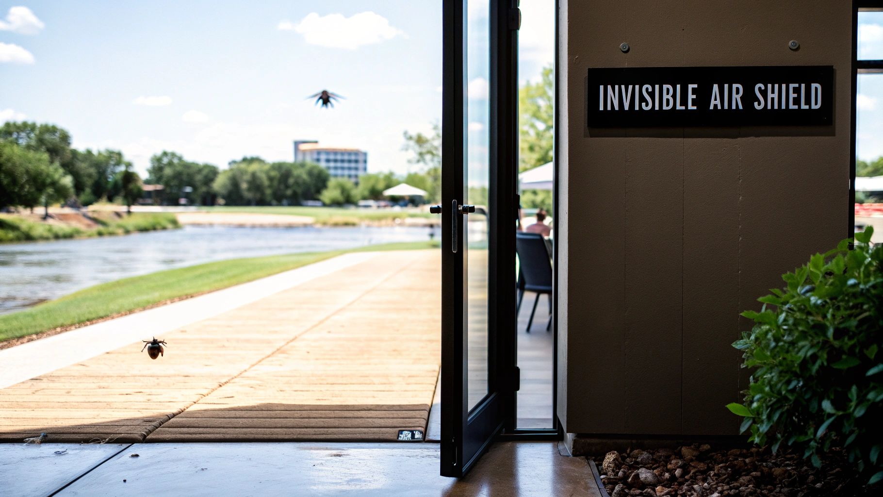 Two insects fly through an open doorway with an 'Invisible Air Shield' sign, overlooking a scenic outdoor area.