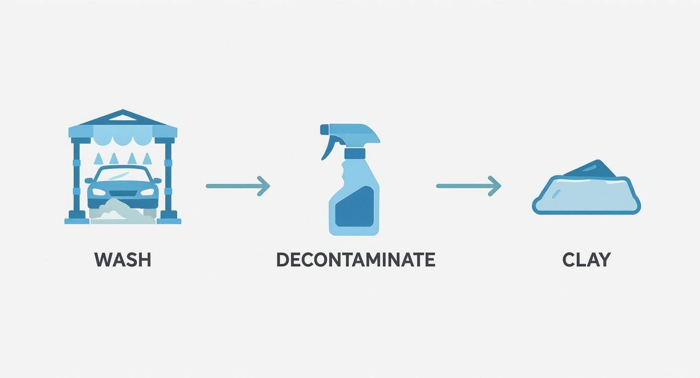 Illustrative infographic showing a three-step car detailing process: wash, decontaminate, and clay.