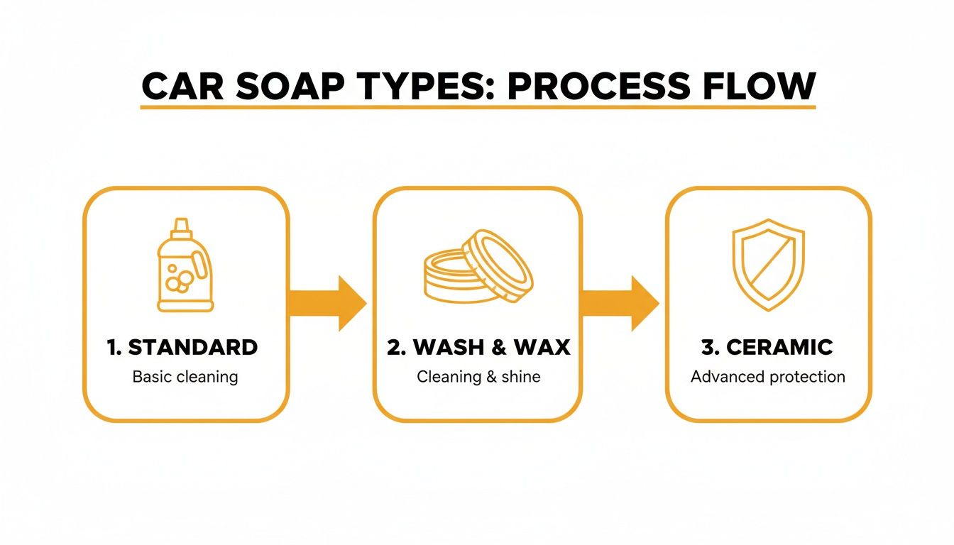 Process flow diagram illustrating three types of car soap: Standard, Wash & Wax, and Ceramic, with their benefits.