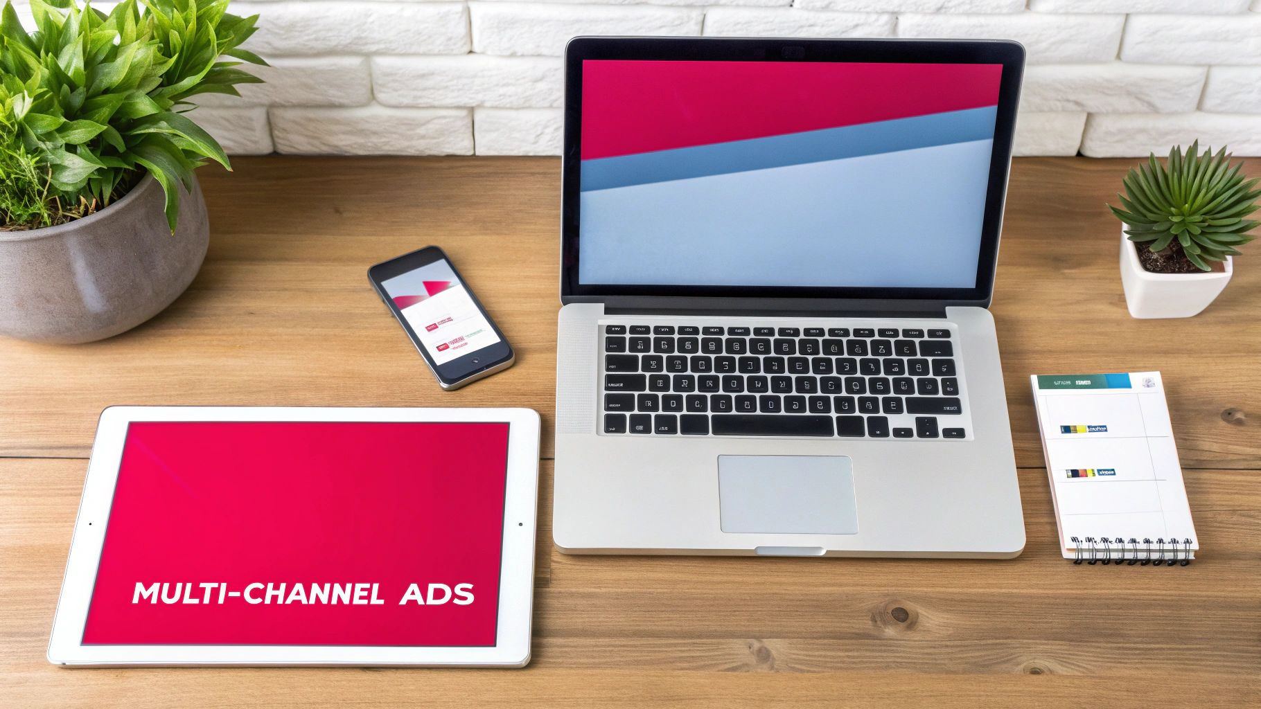 A strategic diagram showing different advertising channels like search, social, and video connecting to a central business goal.