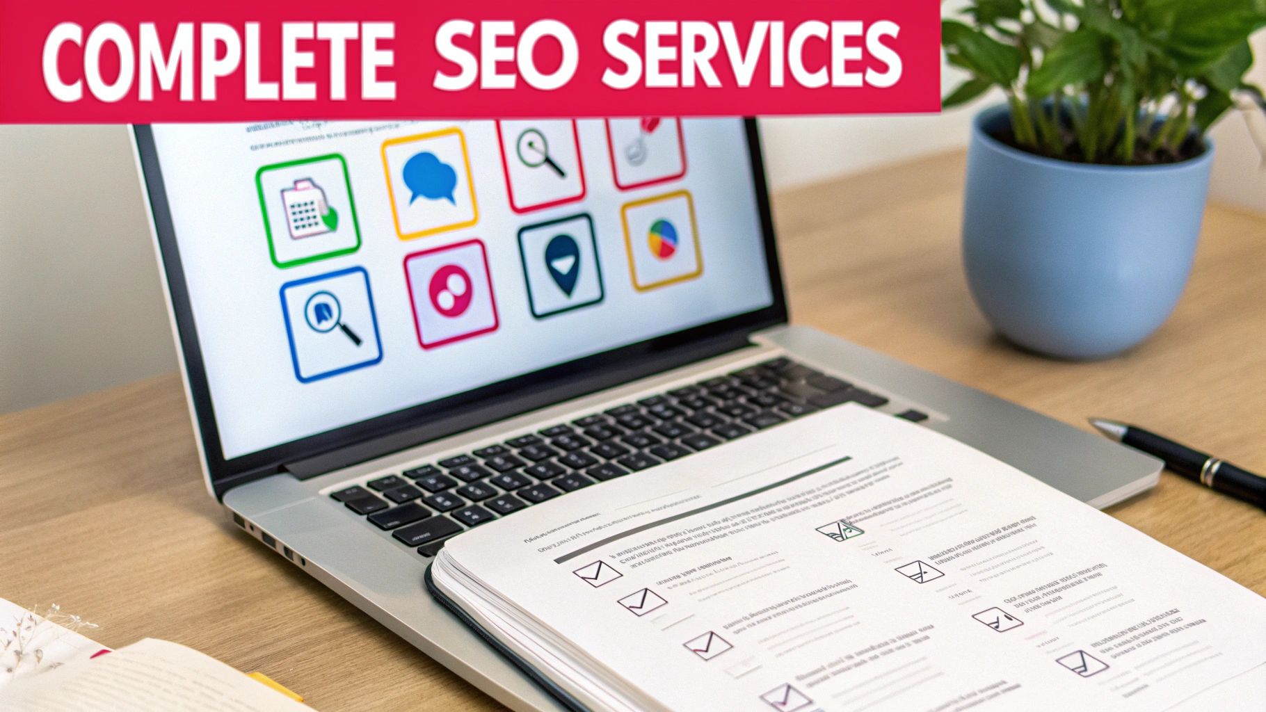 Laptop displaying SEO service icons, a document with checkboxes, and a pen on a wooden desk, representing complete SEO services.