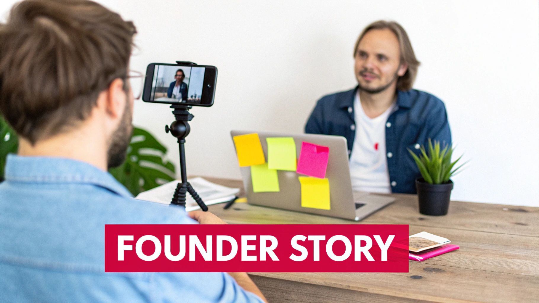 A man records an interview with another man sitting at a desk with a laptop for a founder story.