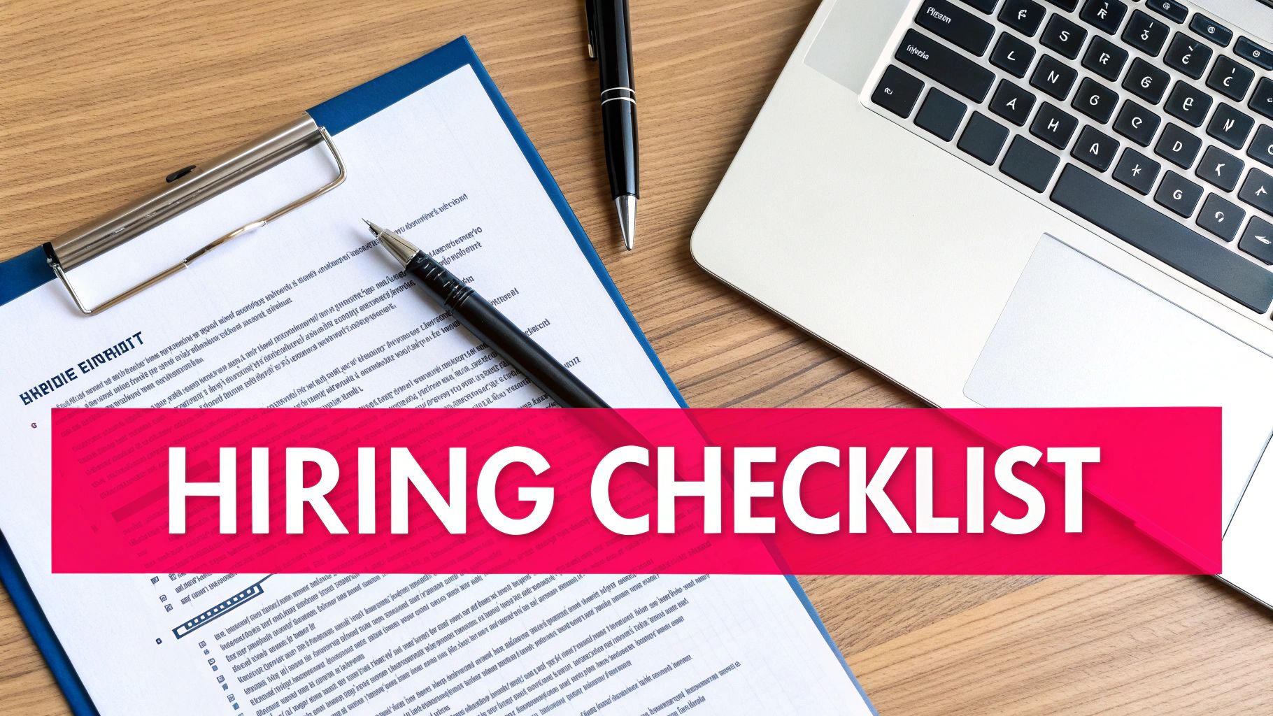 A person's hands checking off items on a digital checklist on a tablet, with a laptop in the background, symbolising the hiring process for a social media agency.