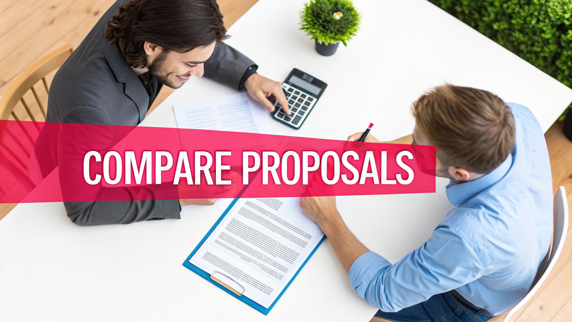 A person analysing financial documents and proposals on a desk