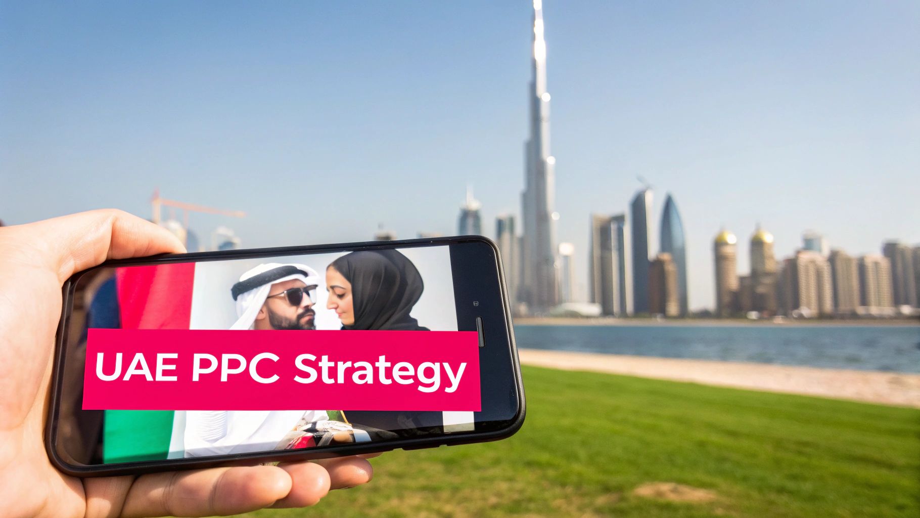 Hand holding a smartphone displaying 'UAE PPC Strategy' with a Dubai cityscape in the background.