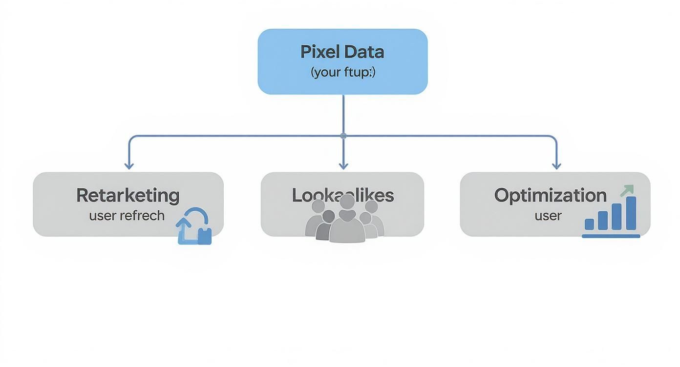 Diagram illustrating pixel data flow for retargeting, lookalike audiences, and marketing optimization strategies.