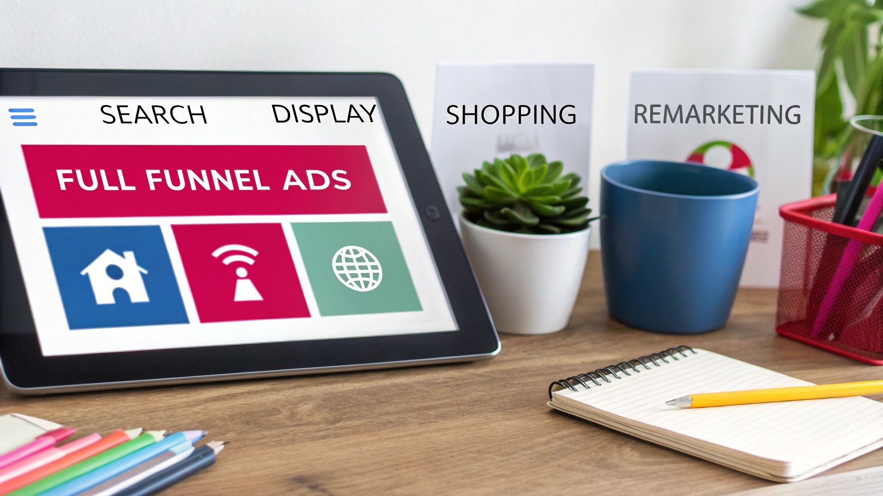A tablet displaying "FULL FUNNEL ADS" with icons, next to papers showing "SEARCH", "SHOPPING", and "REMARKETING" strategies.