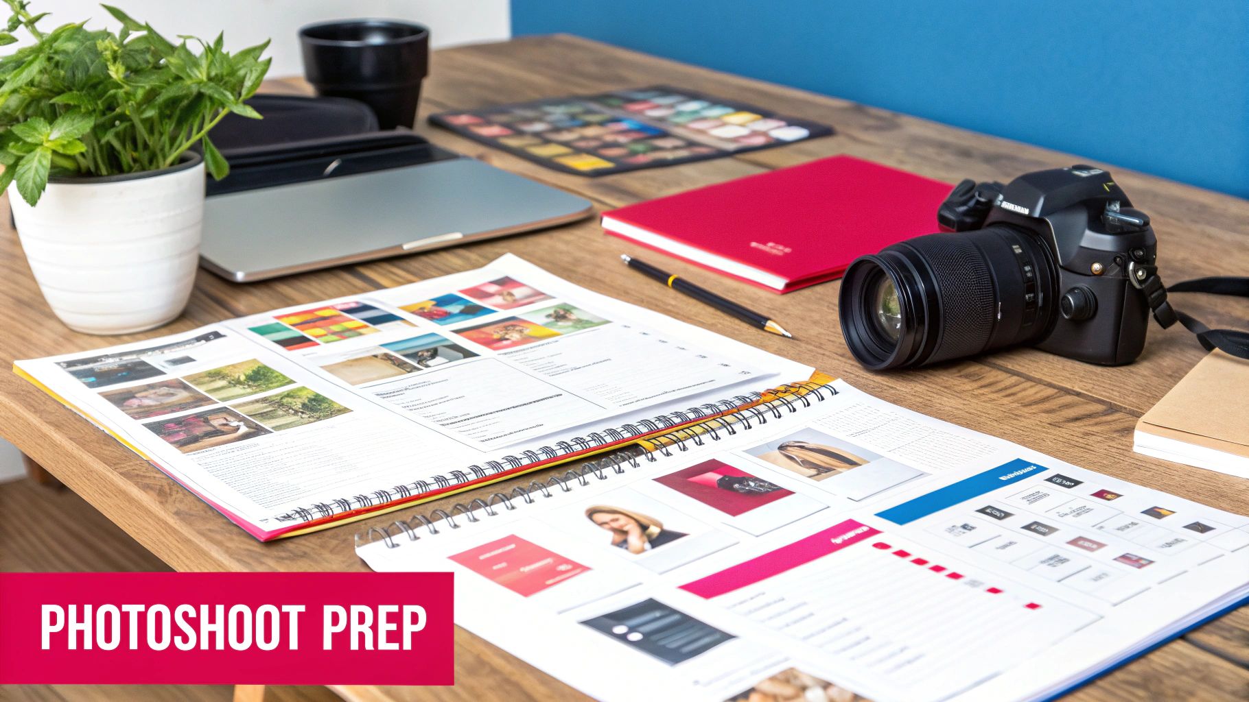 A flat lay of products and photography equipment being prepared for a photoshoot.