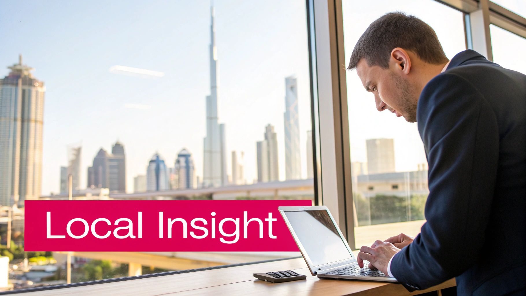 A man in a suit typing on a laptop by a window, overlooking a city skyline with Burj Khalifa and a 'Local Insight' banner.