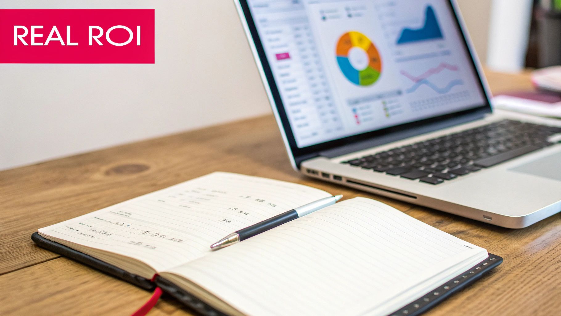 A laptop showing data analysis charts, an open notebook, and a pen on a wooden desk, emphasizing real ROI.