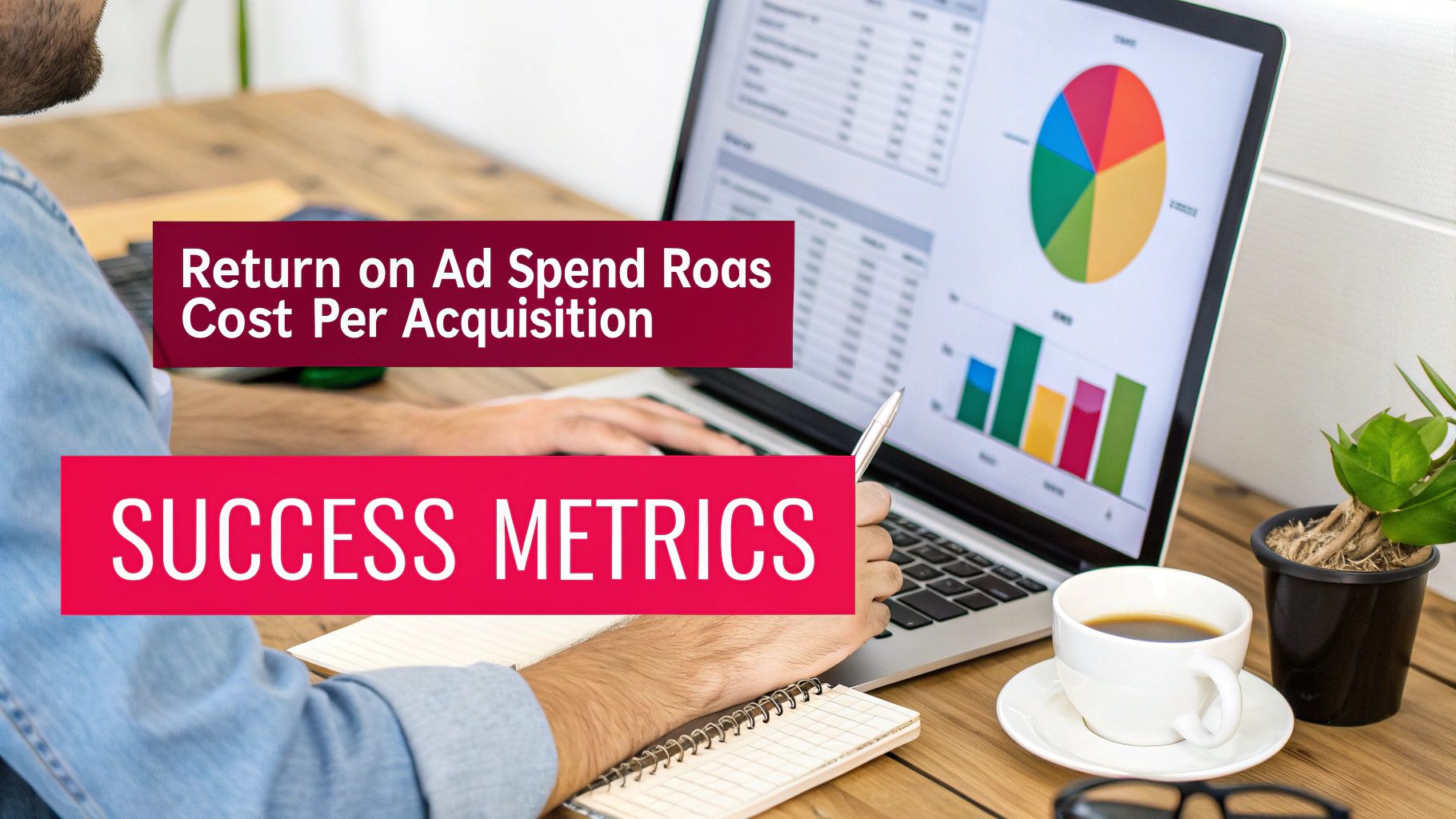 A person analyzing success metrics like Return on Ad Spend and Cost Per Acquisition on a laptop.