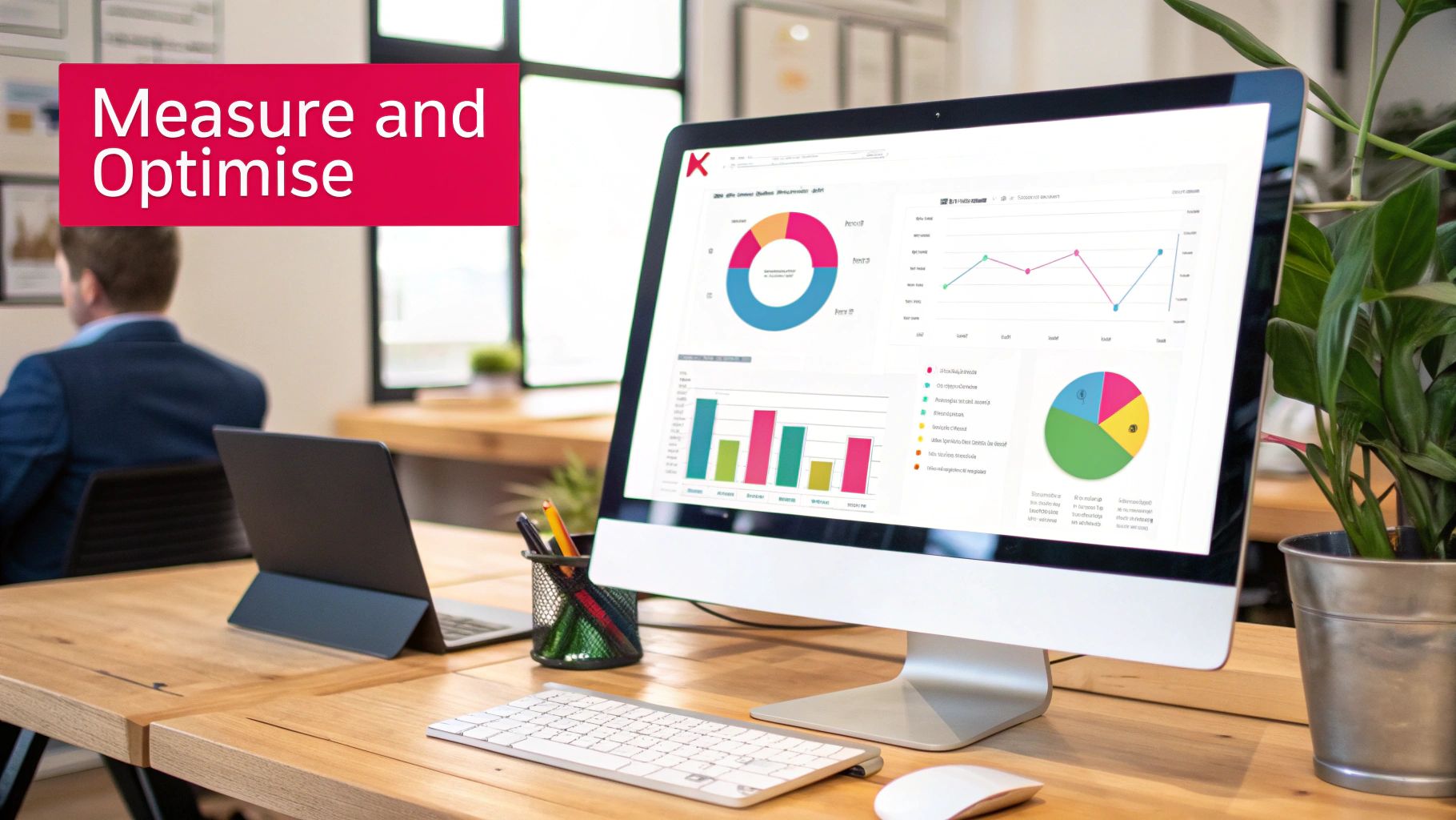 Business analytics dashboard displaying colorful charts and graphs for measuring PPC campaign performance and optimization