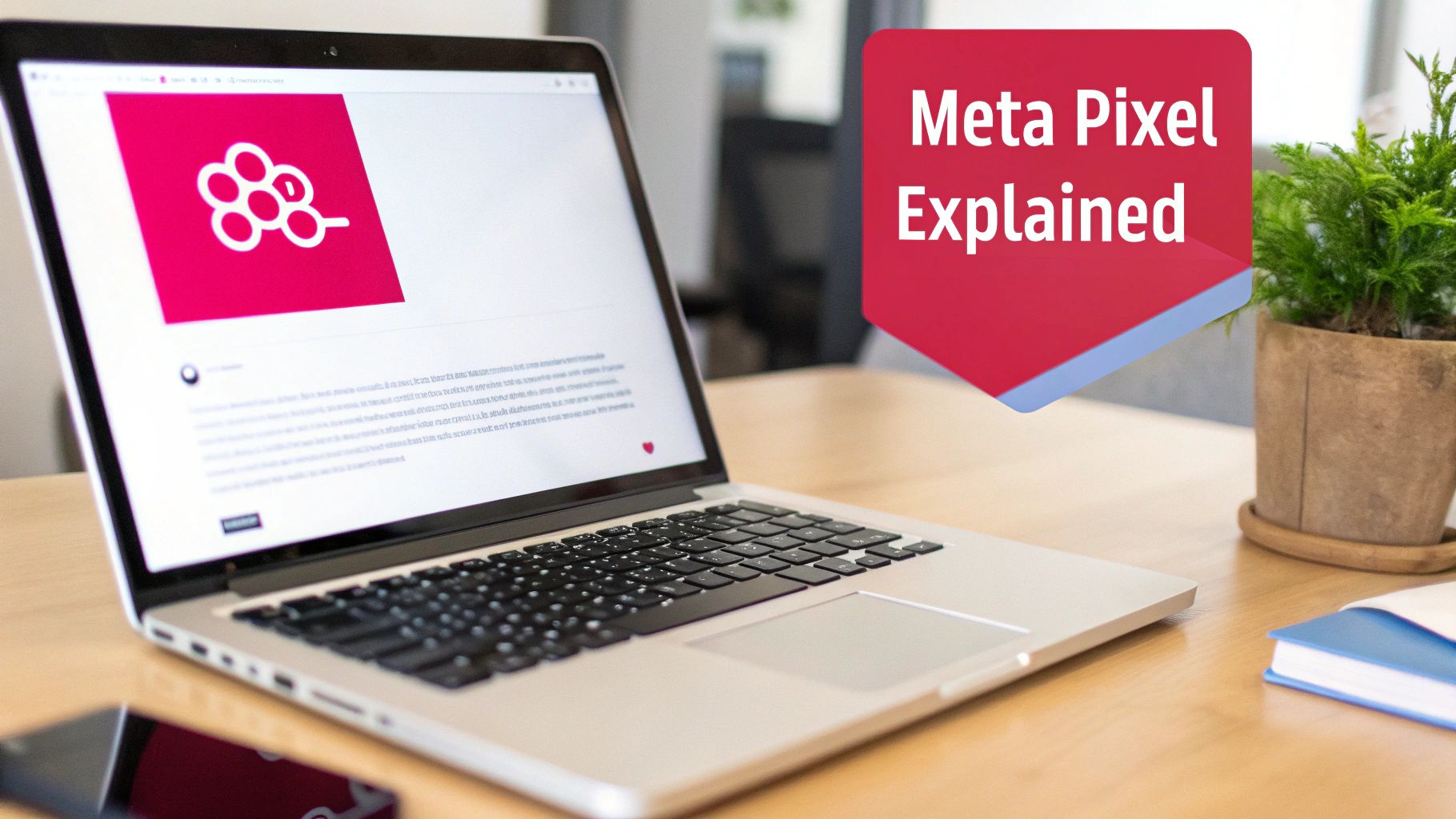 Laptop displaying a pink graphic and text 'Meta Pixel Explained' on a wooden desk with a plant.