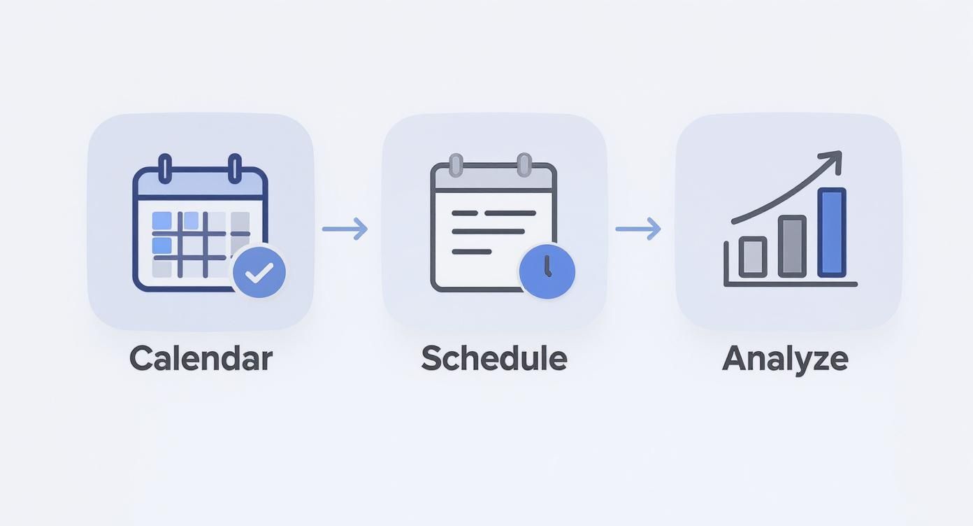 A three-step process flow with icons for calendar, schedule, and analyze with arrows.