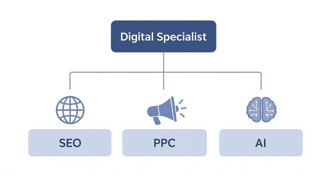A diagram illustrates a Digital Specialist's core skills: SEO, PPC, and AI, each with a relevant icon.