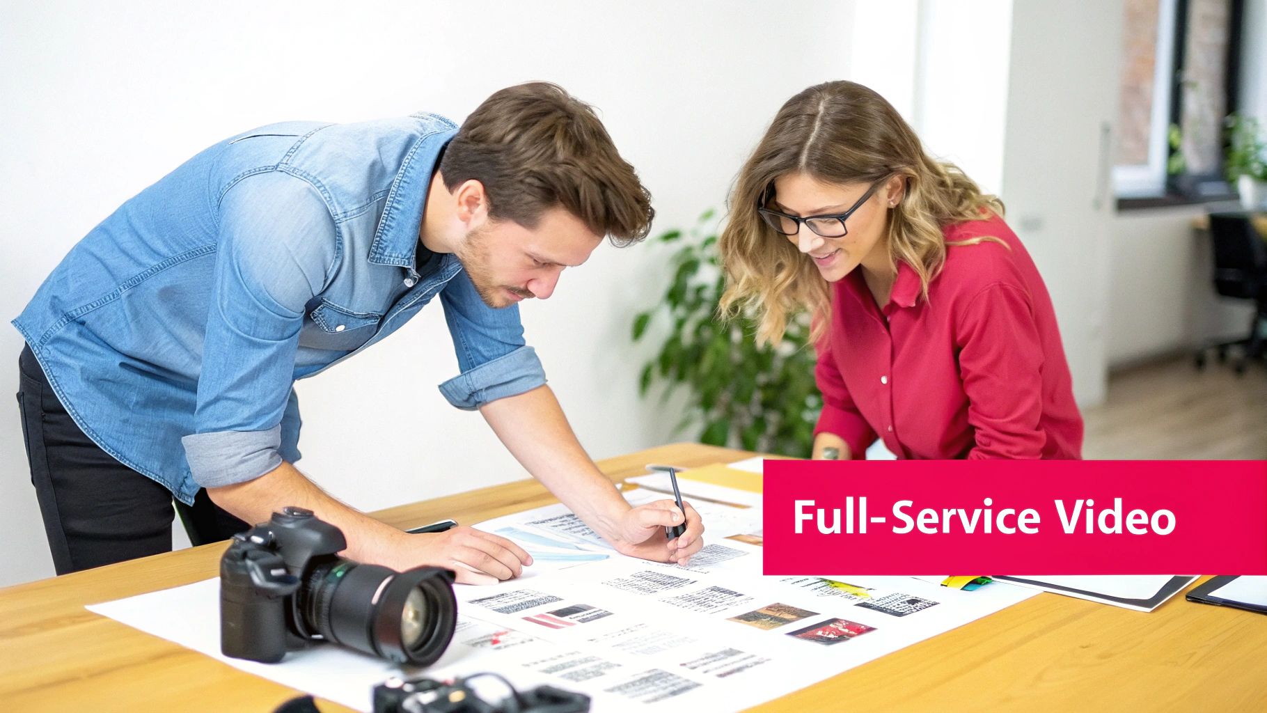 Creative team collaborating on full-service video production, reviewing ideas and designs in an office.