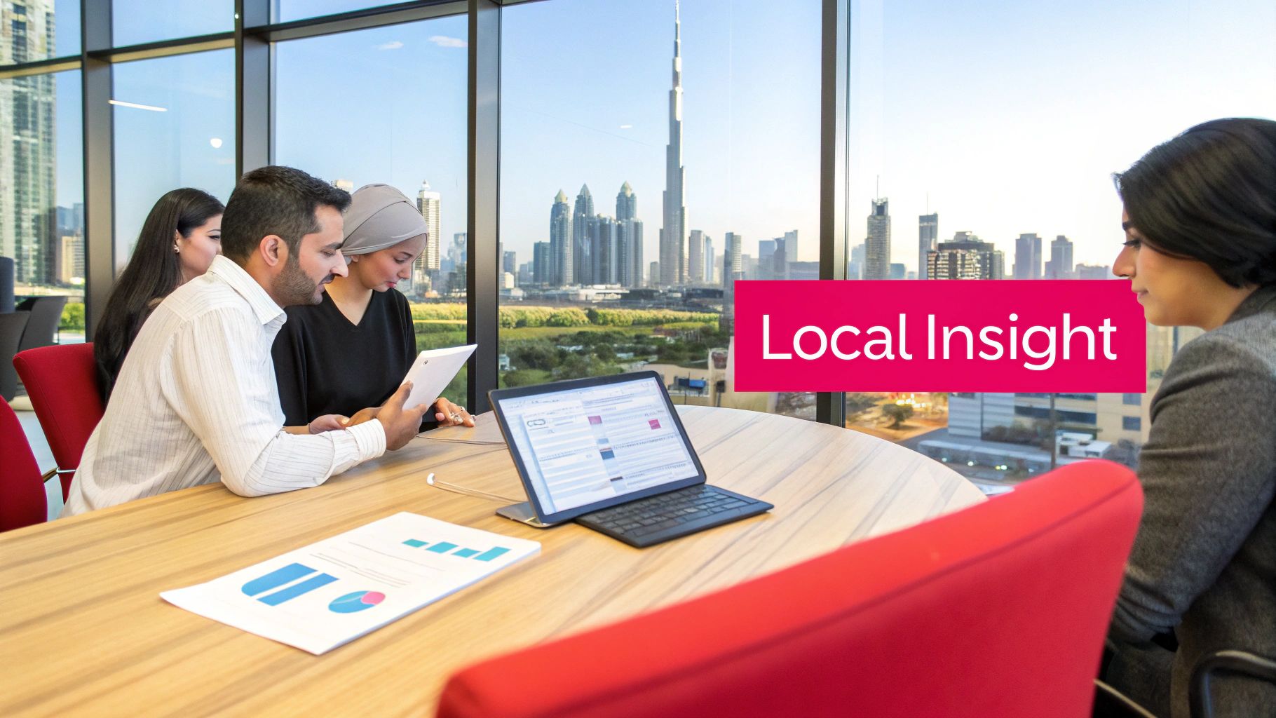 Diverse business team collaborating in a modern Dubai office with city skyline view.