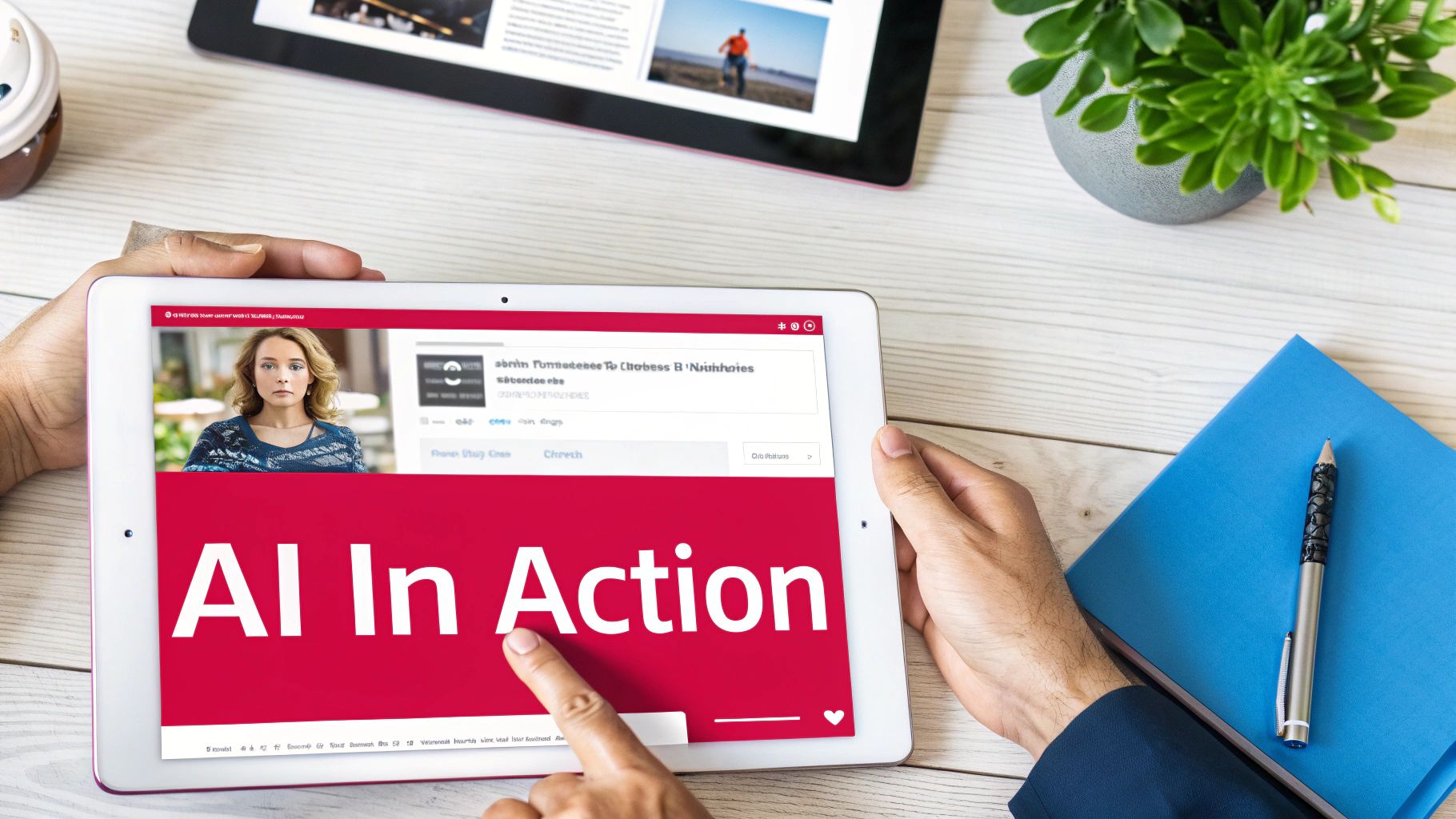 Hands hold a tablet displaying 'AI In Action' content on a red screen, surrounded by a digital workspace.
