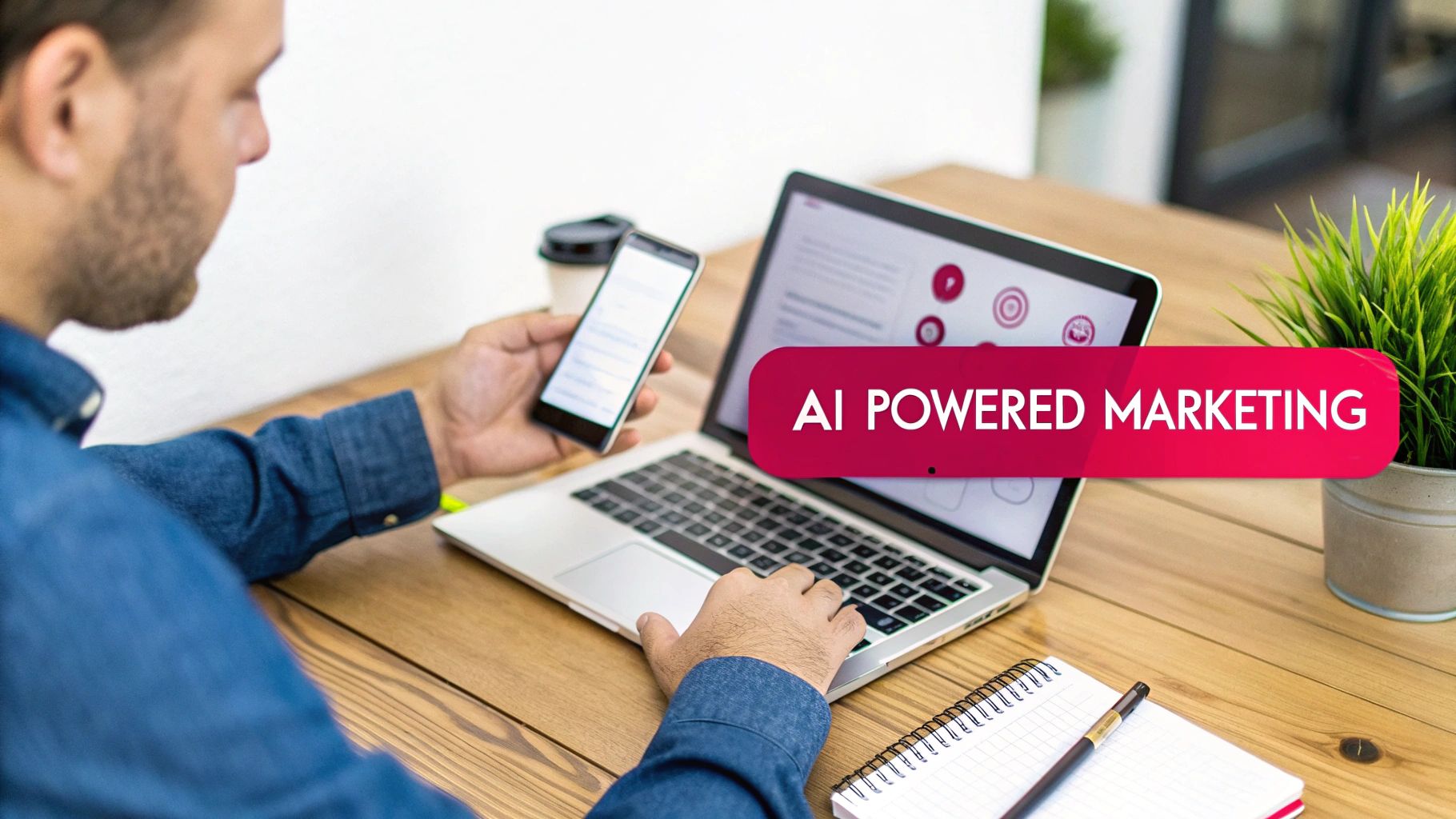 A man works on a laptop and smartphone at a desk, with 'AI POWERED MARKETING' on screen.