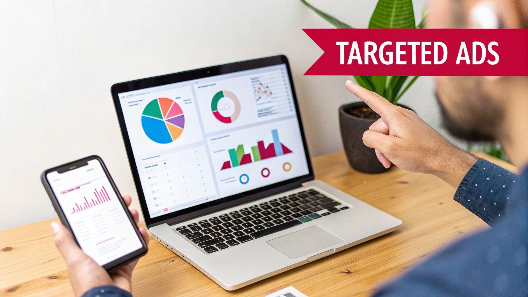 A person analyzing 'Targeted Ads' performance data on a laptop and smartphone, illustrating digital marketing strategies.