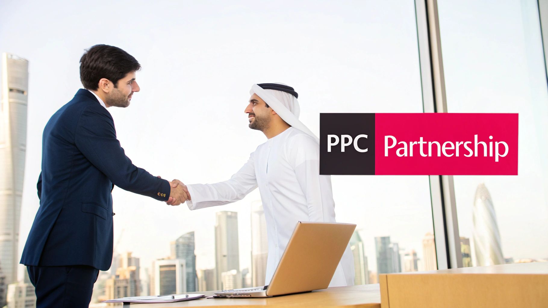 Two professional men shaking hands in an office with city views, symbolizing a PPC partnership.