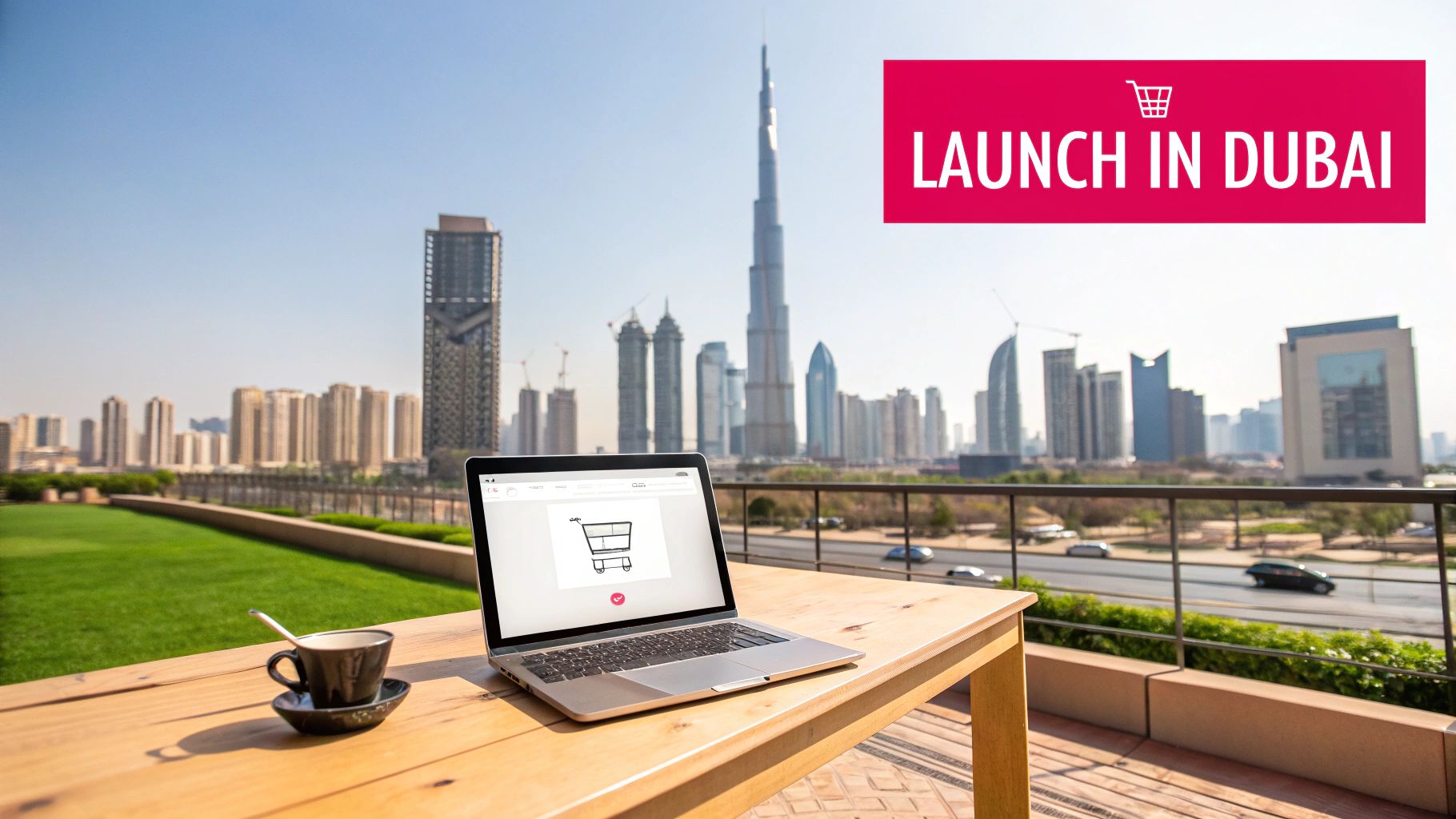 A laptop displaying an e-commerce shopping cart icon on a table, with a coffee cup and the Dubai skyline featuring Burj Khalifa in the background.
