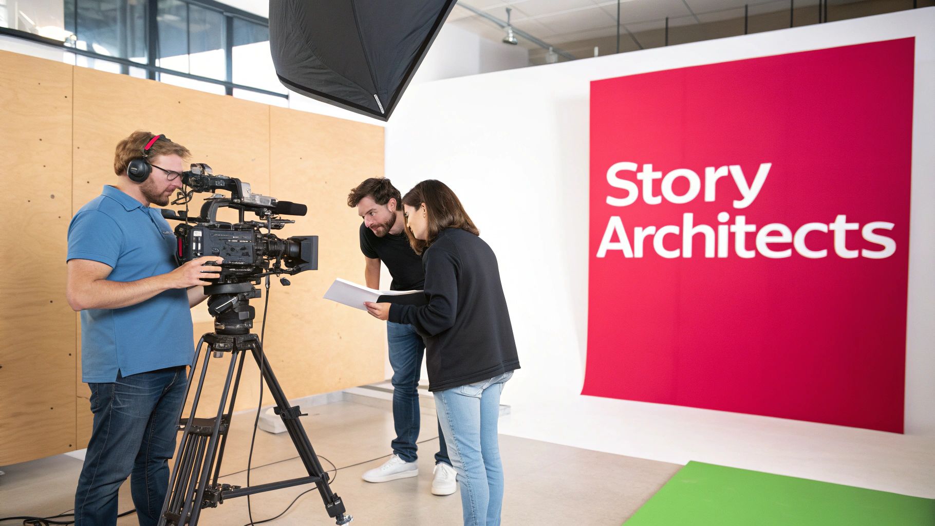 Video production team on set: cameraman, director, and producer review script near a red 'Story Architects' sign.