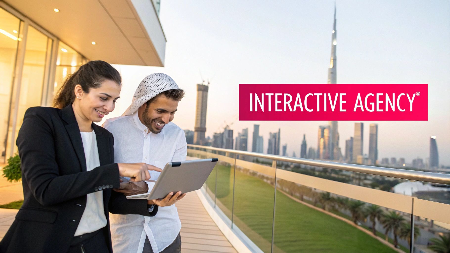 Two smiling business professionals on a balcony, using a laptop, with Dubai skyline and 'Interactive Agency' banner.