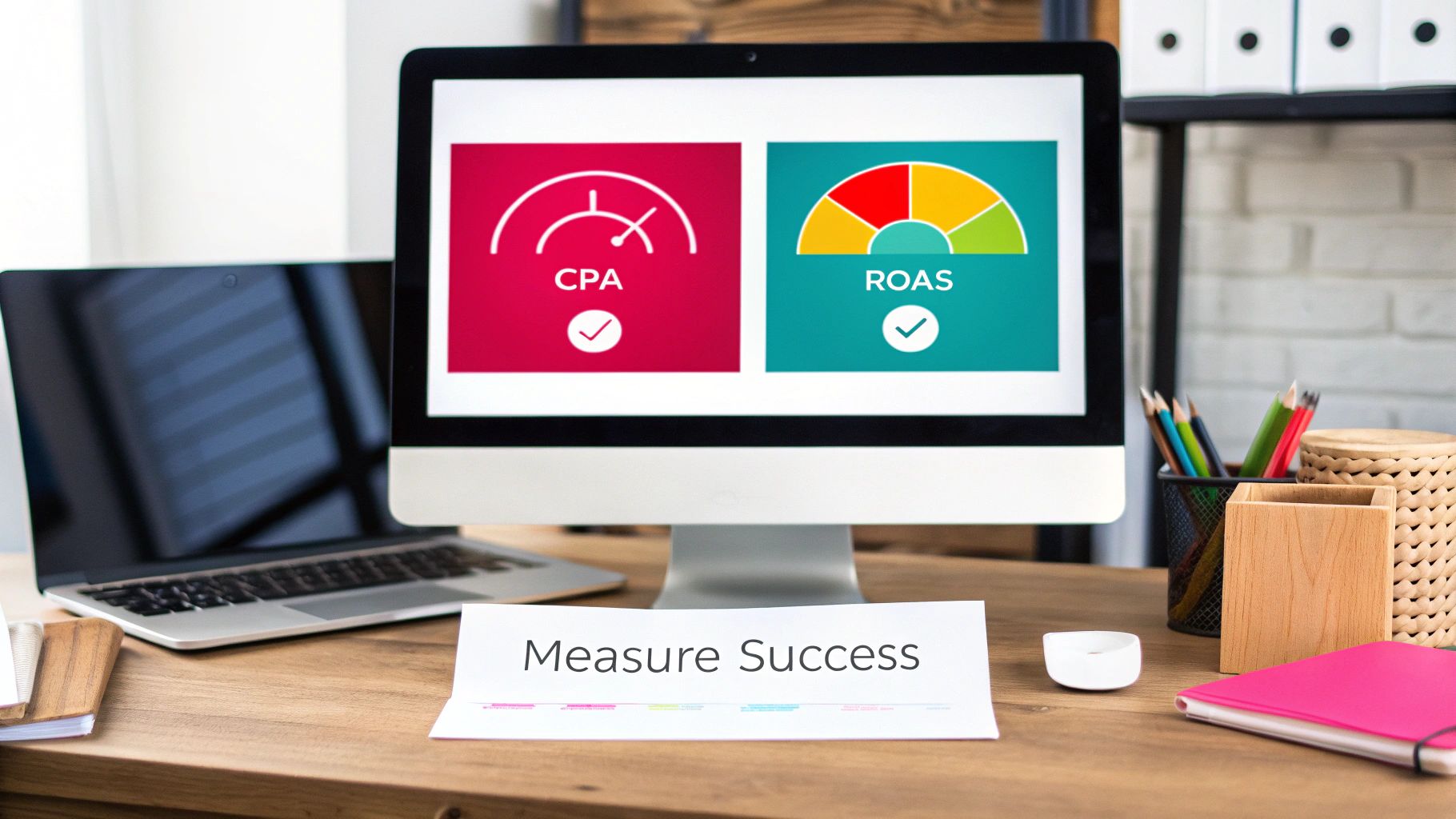 A dashboard on a tablet showing colourful charts and graphs for KPIs like ROAS and CPA