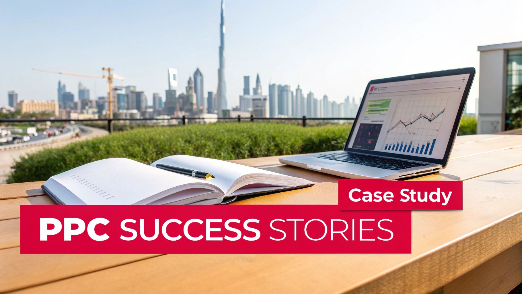 An image of a cityscape with digital marketing icons overlaid, representing PPC success in the UAE