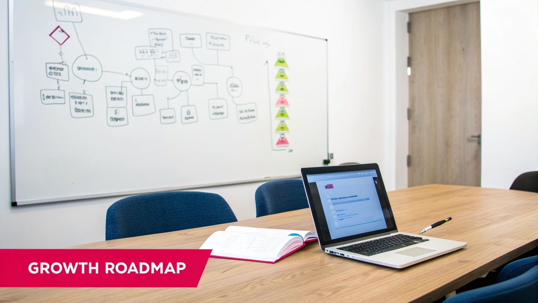 Whiteboard with a growth roadmap flowchart in a modern meeting room, with a laptop and open book.