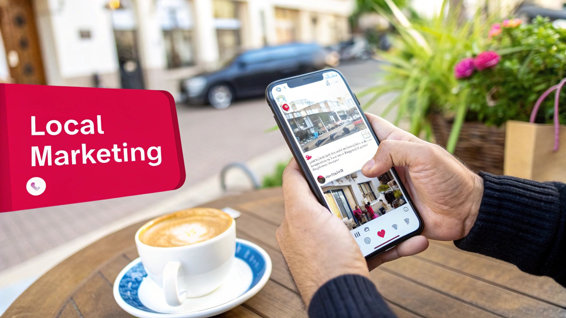 An image showing a person scrolling through Instagram on a smartphone, with stylised icons for influencers, ads, and shopping events floating around them, set against a Dubai backdrop.