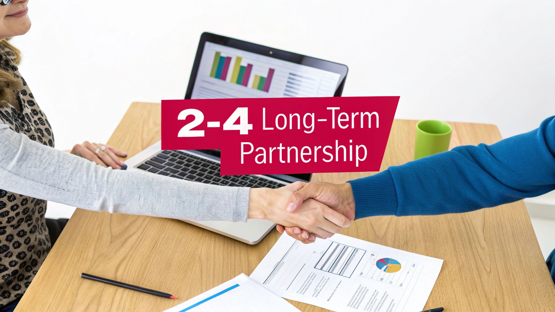 Two business people shaking hands over a desk with a laptop, symbolizing a long-term partnership.
