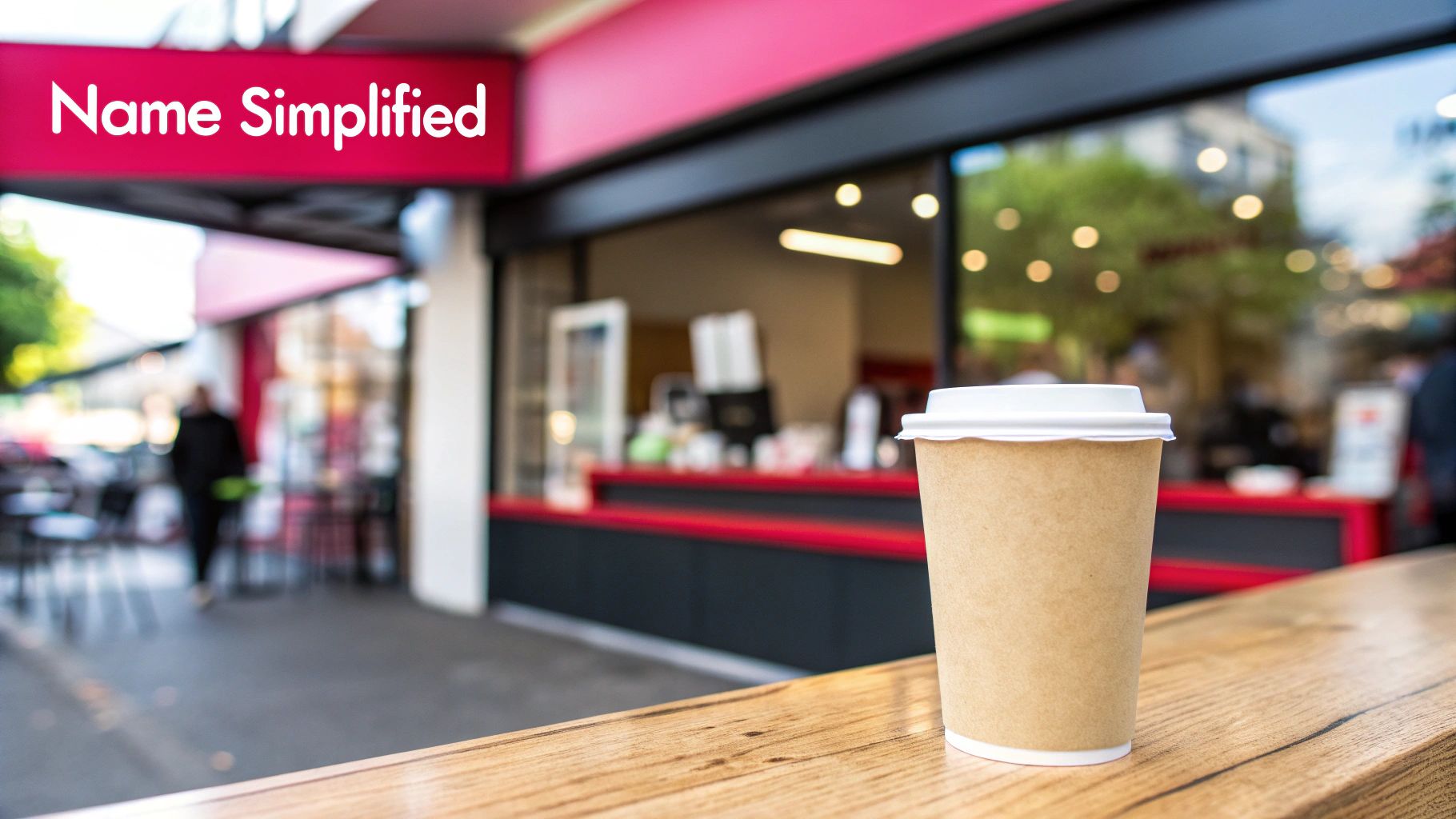 A disposable coffee cup on a wooden counter outside a store named 'Name Simplified'.