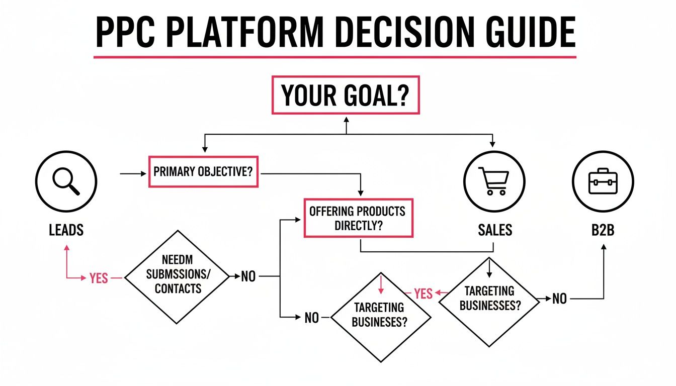 PPC platform decision guide flowchart illustrating the process to determine advertising goals based on objectives and offerings.