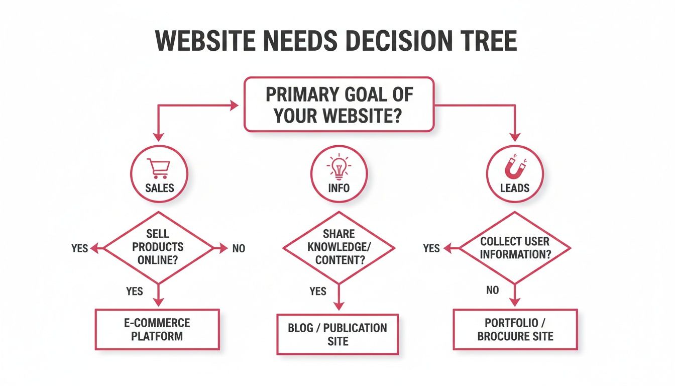 A decision tree flowchart guiding users to determine website type based on primary goals like sales, info, or leads.