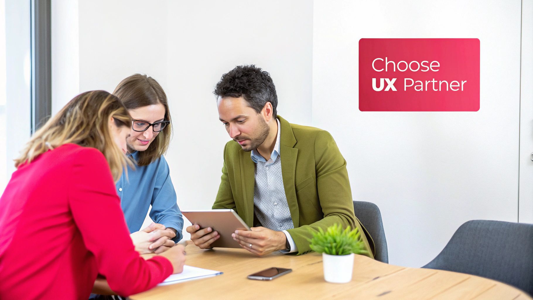 Three professionals collaborate in an office, reviewing a tablet and taking notes for UX design.