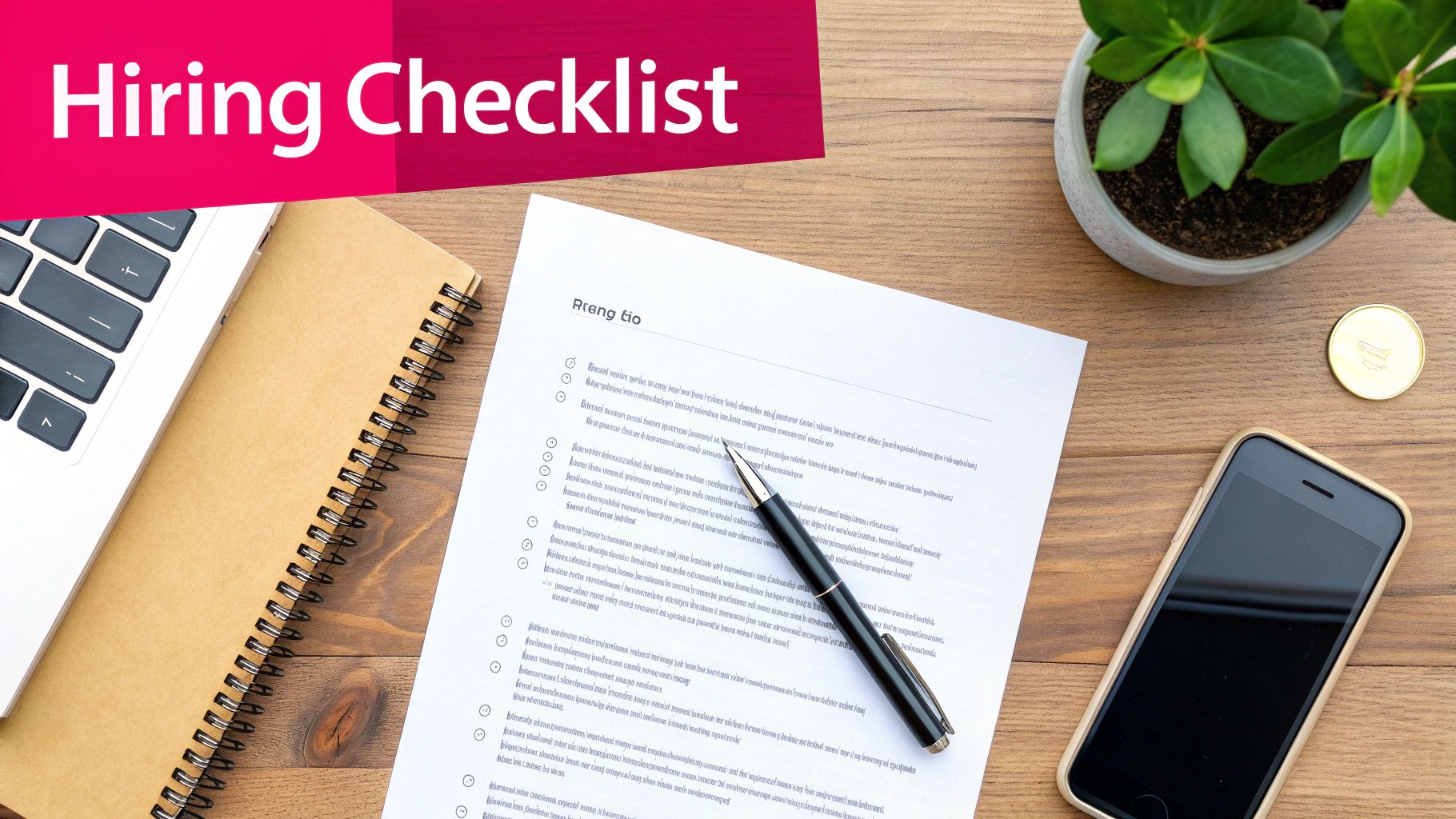 A flat lay of a wooden desk with a hiring checklist document, laptop, notebook, and smartphone.