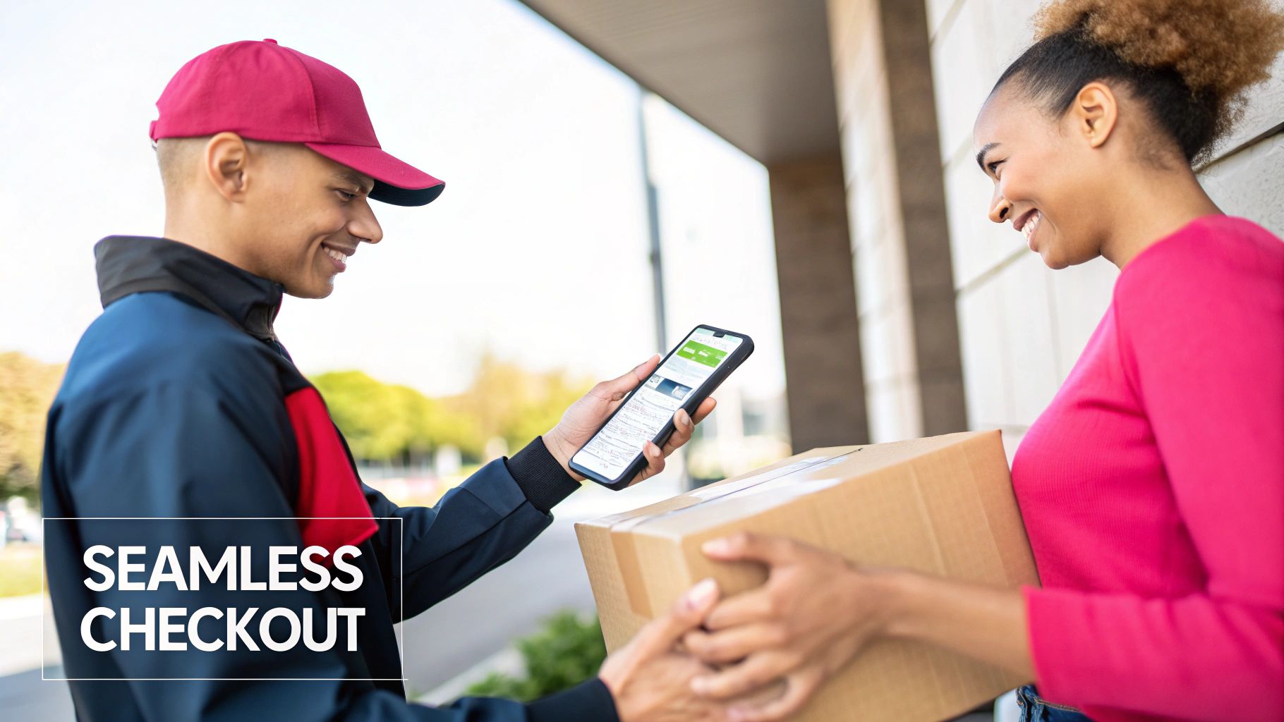A smiling delivery person uses a phone to complete a package delivery to a happy customer.