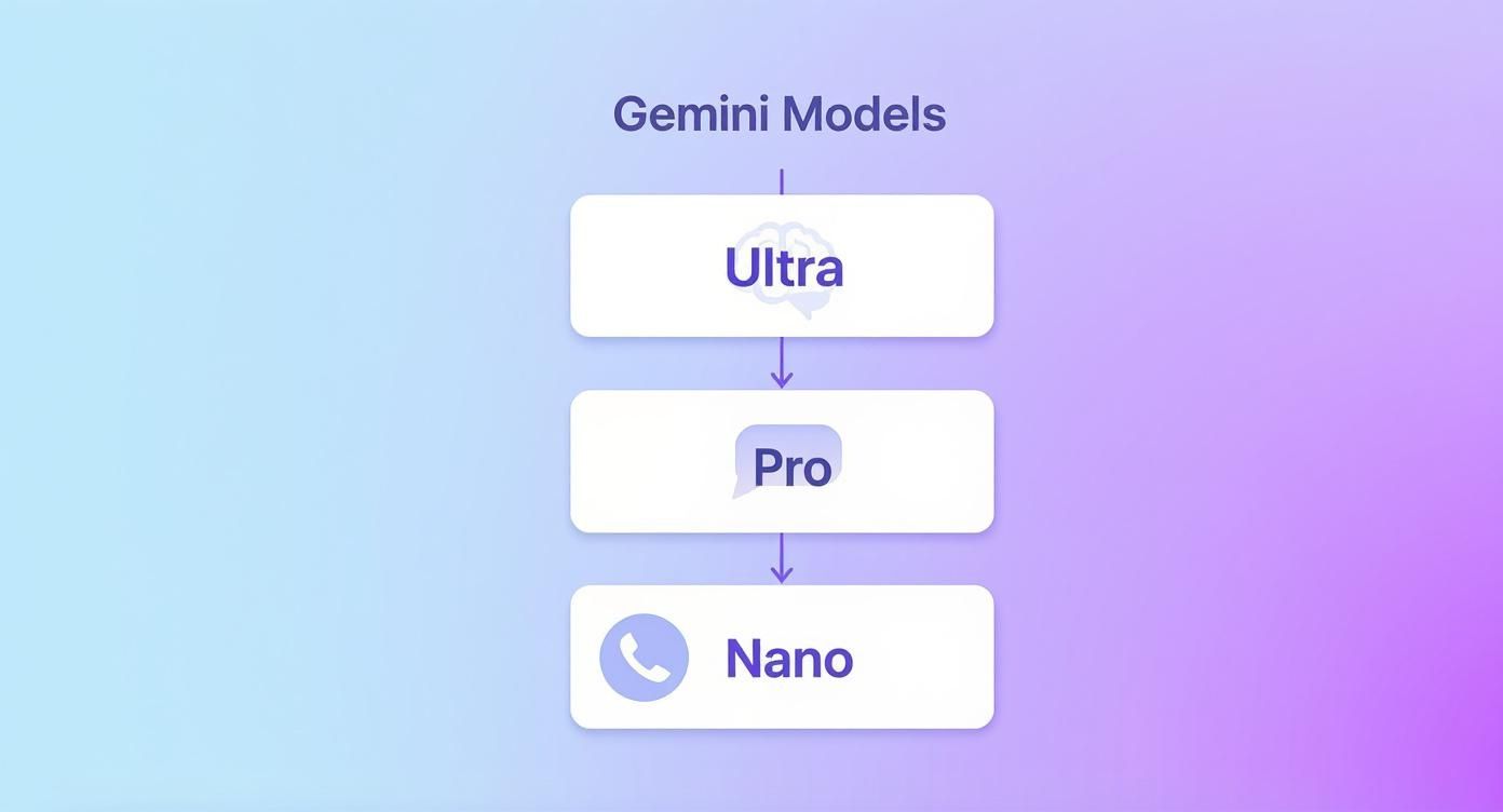 Diagram showing Google Gemini AI model hierarchy with Ultra, Pro, and Nano tiers in descending order