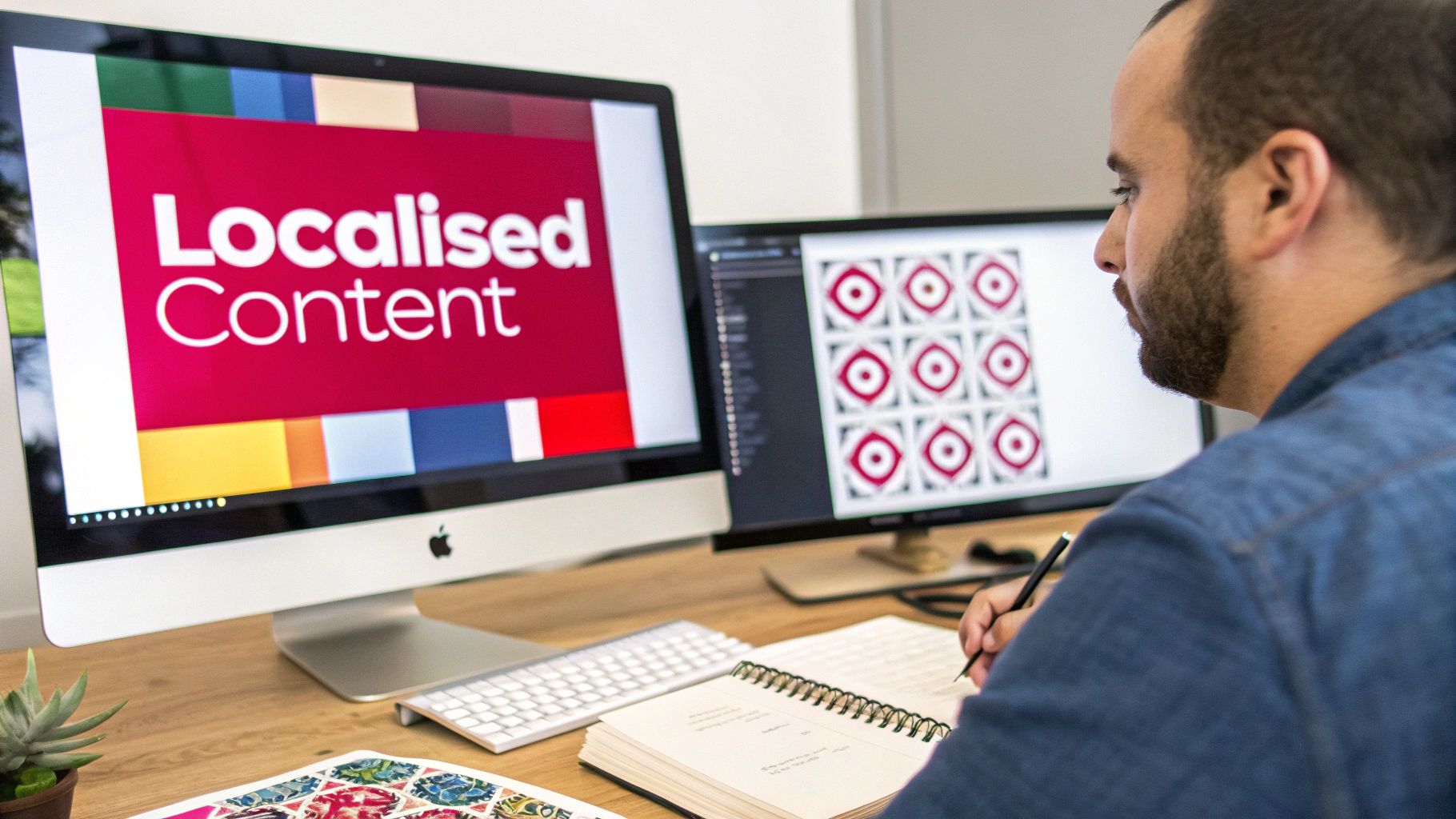 A bearded man works at a desk, looking at an iMac screen displaying 'Localised Content' while writing in a notebook.