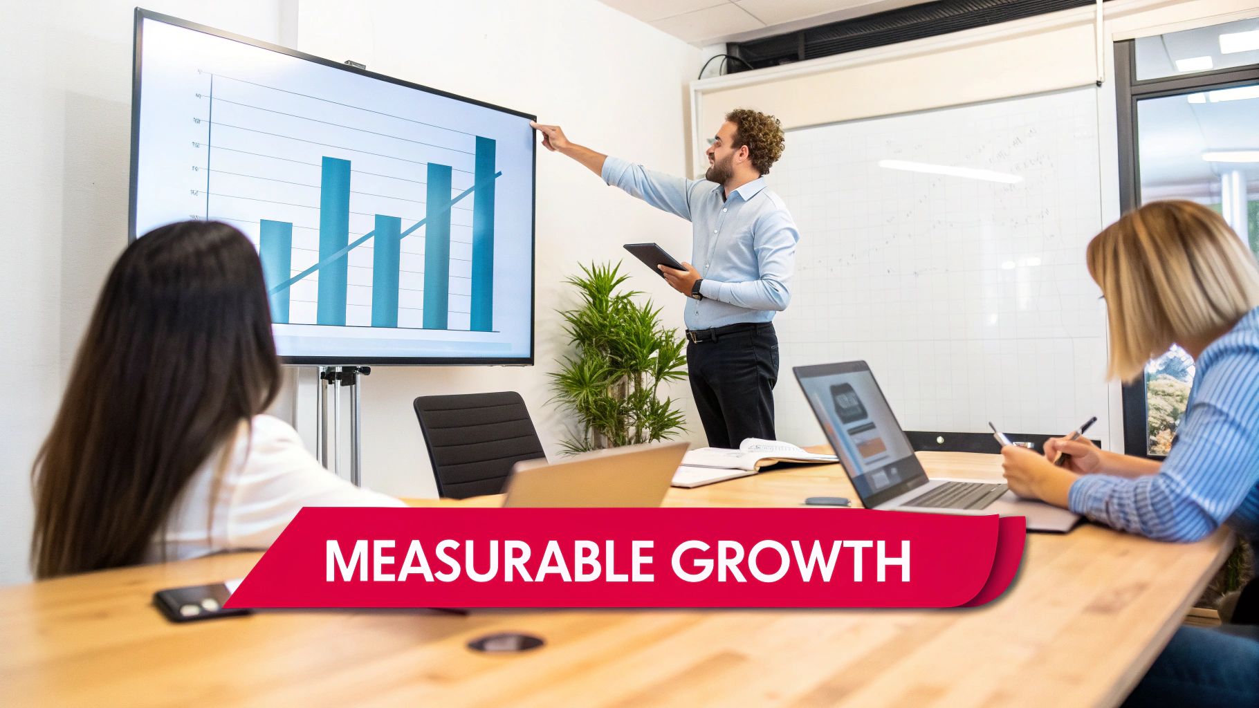 A business professional presents a bar chart on a large screen to colleagues, emphasizing measurable growth.