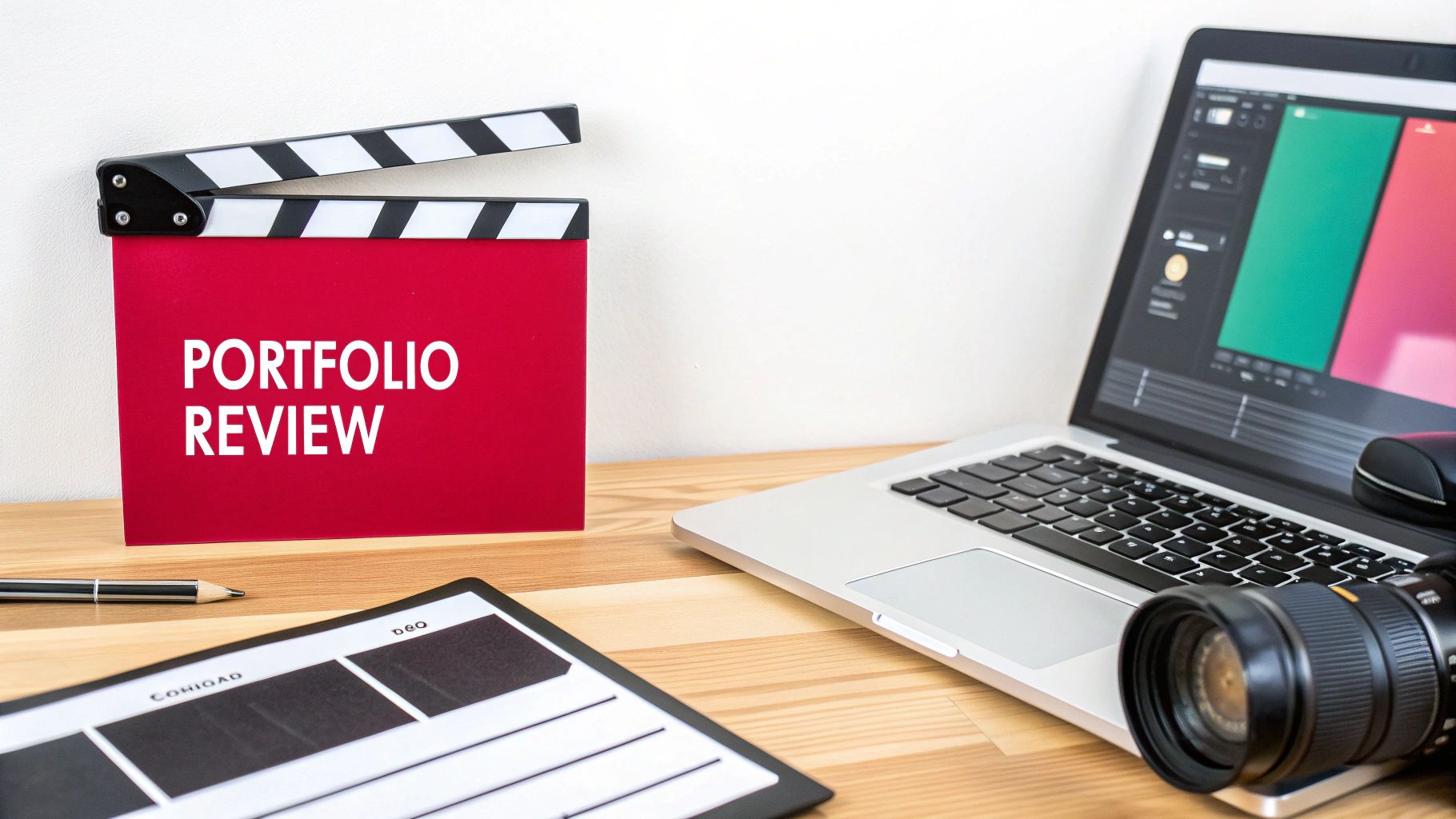 A red 'PORTFOLIO REVIEW' clapboard next to a laptop with editing software, camera, and storyboard.