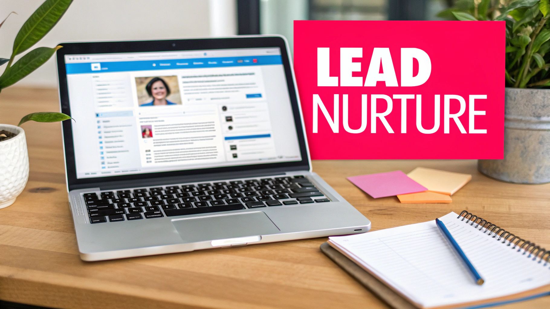 A laptop on a wooden desk displays a social media profile, next to a 'LEAD NURTURE' sign, sticky notes, and a notepad with a pencil.