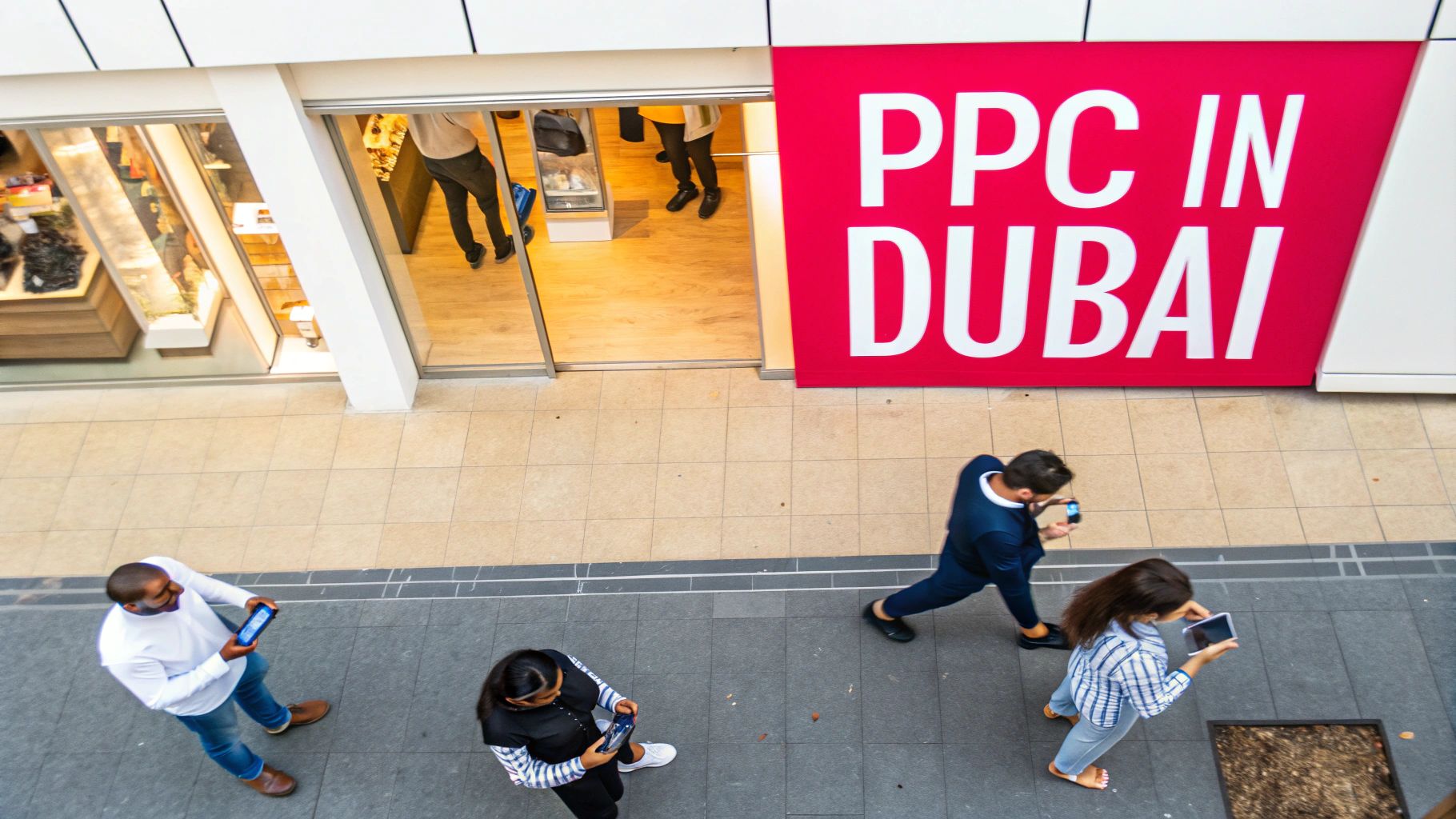 People walk below a building with a bright red "PPC IN DUBAI" banner.