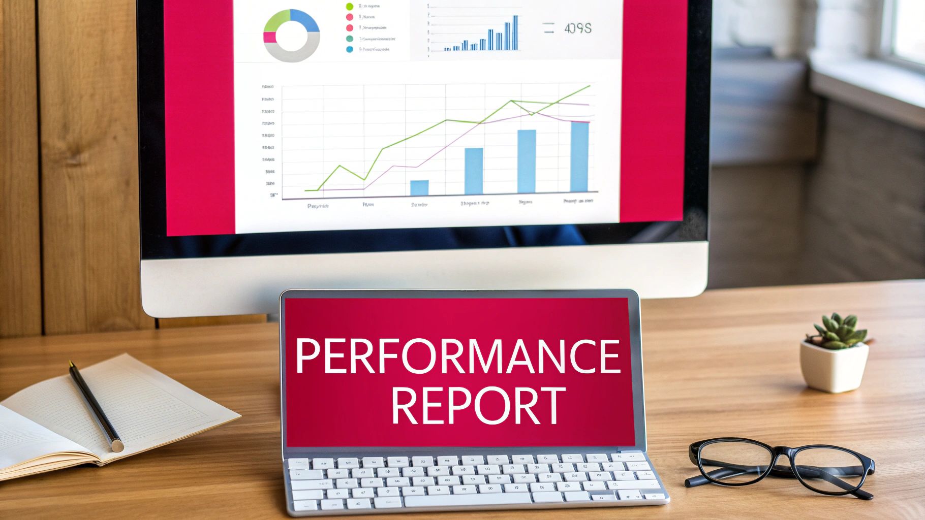 A desk with a monitor displaying performance graphs and a laptop showing a 'PERFORMANCE REPORT'.