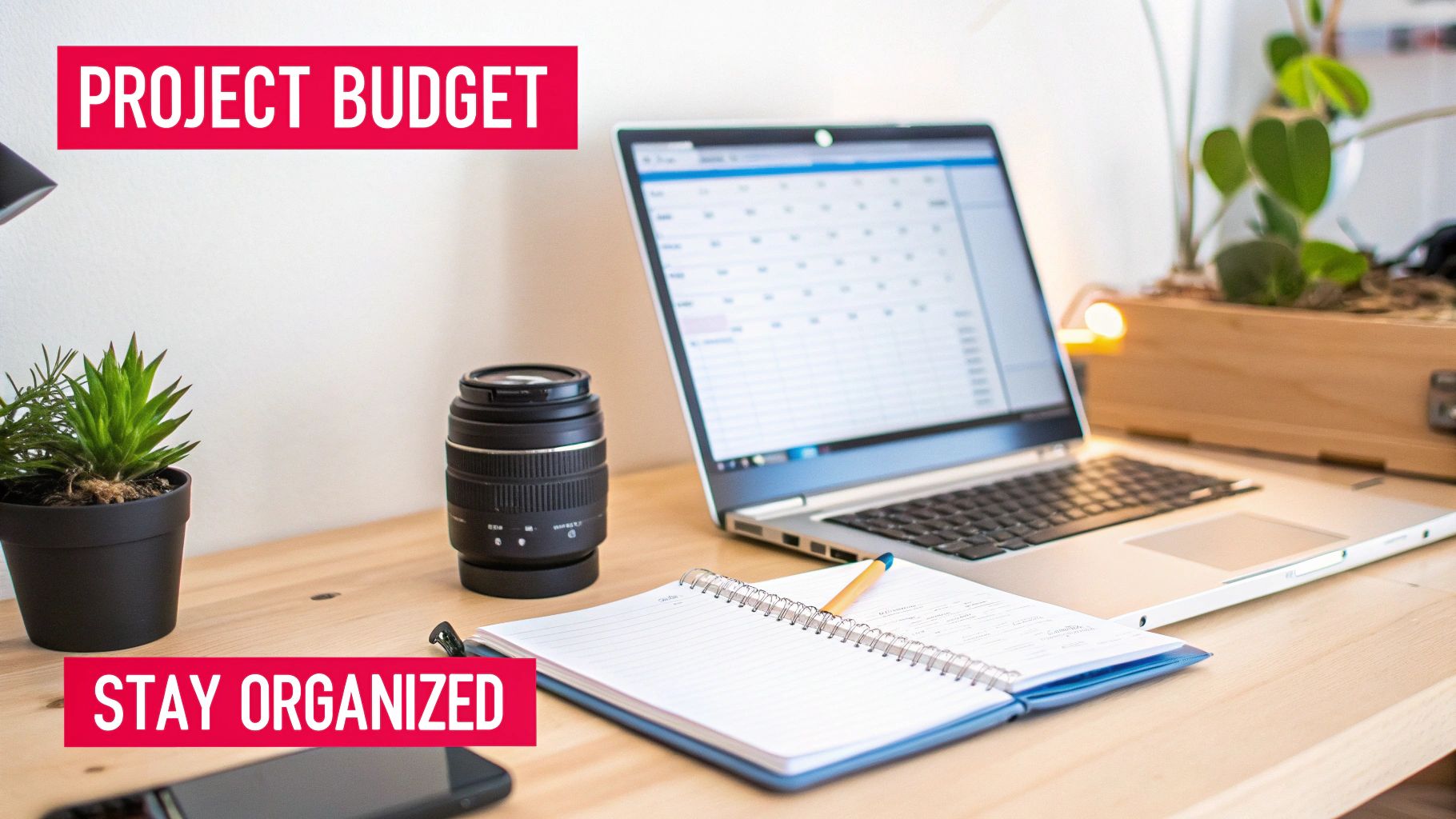 Desk with laptop showing spreadsheet, notebook, plant, and camera lens, with 'PROJECT BUDGET' and 'STAY ORGANIZED' text.