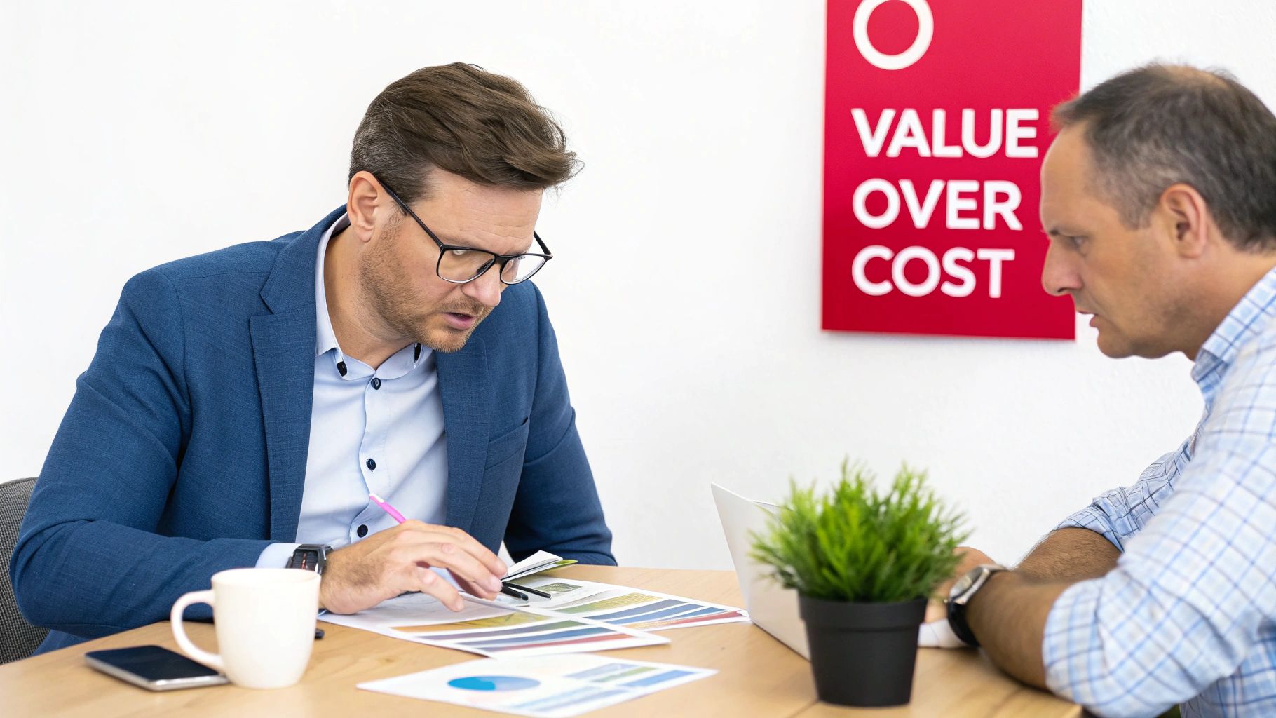 Two professionals in a modern office meeting, discussing documents and charts at a wooden table.