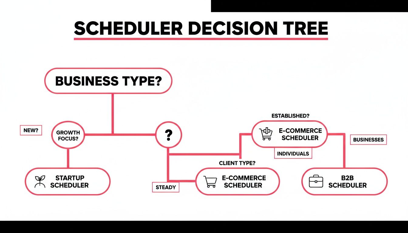 A scheduler decision tree flowchart helping businesses choose the right scheduler based on business and client type.
