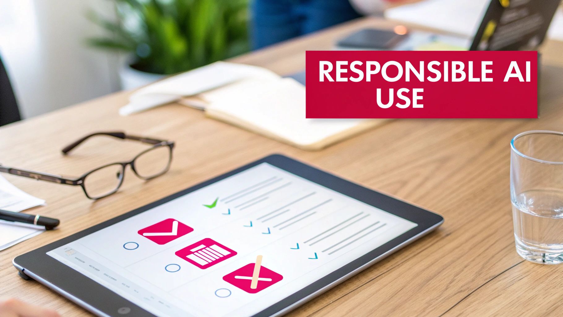 A tablet with a digital checklist on an office desk, glasses, and a 'RESPONSIBLE AI USE' overlay.